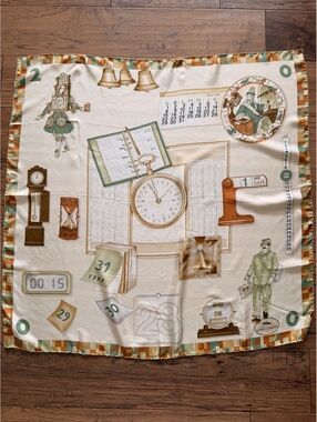 Longchamp Paris Vintage Silk Scarf with Time and Calendar Motif